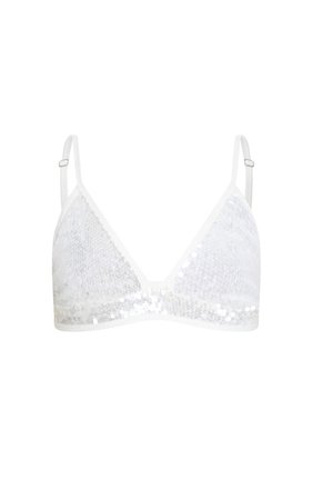 White Sequin Plunge Bikini Top | Swimwear | PrettyLittleThing USA