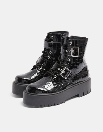 Topshop crocodile chunky buckle boots in black | ASOS