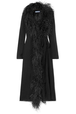 Prada | Feather-trimmed silk-crepon wrap dress | NET-A-PORTER.COM