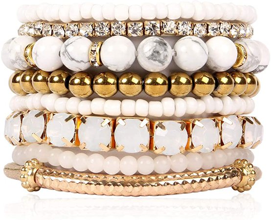 Amazon.com: Multi Color Stretch Beaded Stackable Bracelets - Layering Bead Strand Statement Bangles (Natural Stone - White Howlite/Gold, 7): Clothing