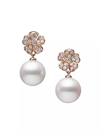 Shop Mikimoto Cherry Blossom 18K Rose Gold, Diamond & Pearl Drop Earrings | Saks Fifth Avenue