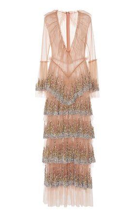 Fontaine Fire Beaded Ruffled Tulle Gown by Sandra Mansour | Moda Operandi