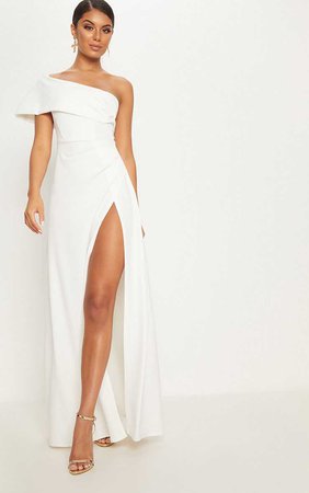 White One Shoulder Draped Detail Extreme Split Maxi Dress | PrettyLittleThing USA