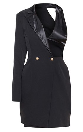 Black One Shoulder Satin Gold Button Blazer Dress | PrettyLittleThing