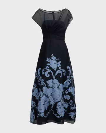 Lela Rose Evelyn Floral Embroidered Midi Dress | Neiman Marcus
