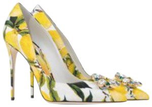 Dolce&Gabbana White Yellow Green Lemon Crystal Brooch Heels Pumps Size EU 39 (Approx. US 9) Regular (M, B)