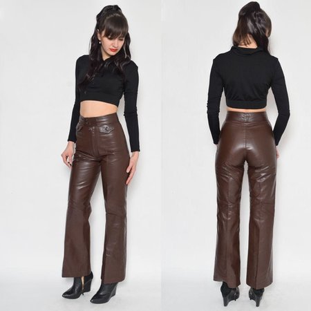 Vintage 70's Brown Leather Bell Bottom Pants / High Waist Leather Pants / Real Leather Flares / Genuine Leather Bell Bottom Pants