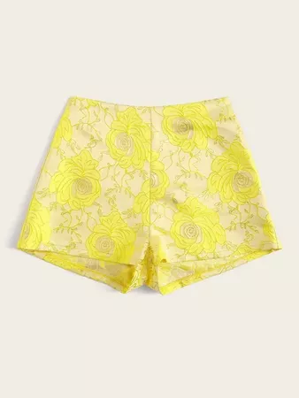 Floral Jacquard Shorts | SHEIN USA yellow