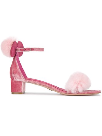 Pink velvet Minnie kitten heels with pom poms