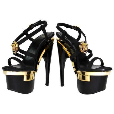 Versace Gold Black Triple Platform Swarovski Crystals Medusa Shoes Sandals