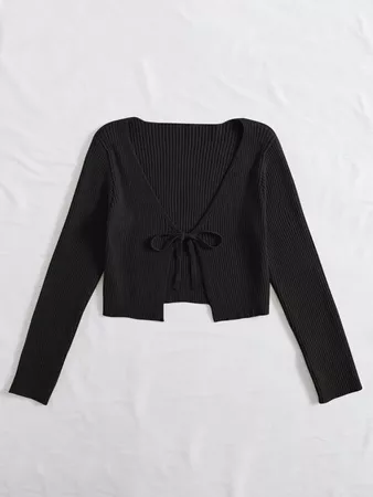 Tie Front Rib-knit Cardigan | SHEIN USA Black