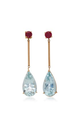 18k Gold, Aquamarine And Ruby Earrings By Yi Collection | Moda Operandi