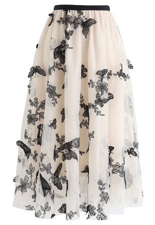 3D Butterfly Double-Layered Mesh Midi Skirt in Cream - Retro, Indie and Unique Fashion