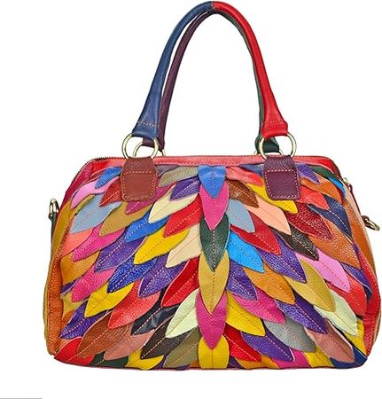 Sibalasi Women’s Multicolor Boston Bag Colorful Tote Leather Bag Unique Genuine Leather Handbag Designer Purse (Leaves) : Clothing, Shoes & Jewelry