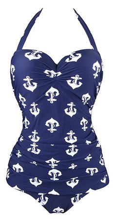 navy blue anchor print retro swimsuit