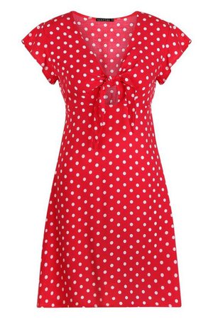 Woven Polka Dot Tie Detail Shift Dress | Boohoo red
