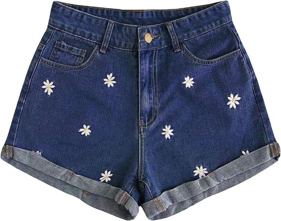 SweatyRocks Women's Casual High Waist Daisy Floral Embroidery Folded Hem Denim Jean Shorts Blue M at Amazon Women’s Clothing store
