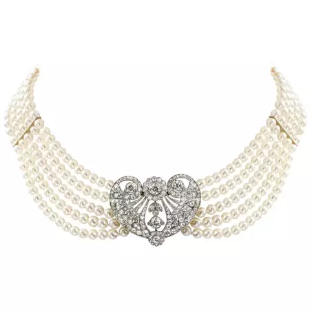 Diamond and Cultured Pearl Necklace For Sale at 1stDibs