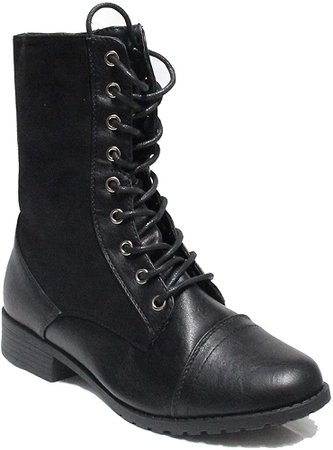 Amazon.com | Forever Link Womens Mango Round Toe Military Lace Up Knit Ankle Cuff Low Heel Combat Boots (Premier Black, 7.5) | Ankle & Bootie