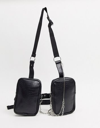 ASOS DESIGN harness bag in black faux leather and chain detail | ASOS