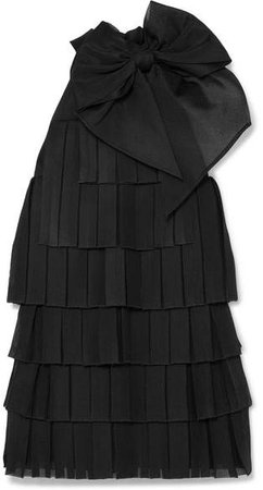 Bow-embellished Pleated Knitted Mini Dress - Black