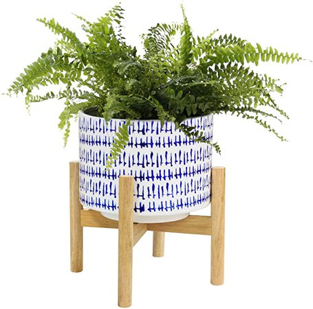 Amazon.com: LA JOLIE MUSE Ceramic Plant Pot with Wood Stand - 7.3 Inch Modern Round Decorative Flower Pot Indoor with Wood Planter Holder, Blue and White, Home Decor Gift: Home & Kitchen