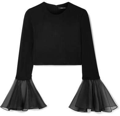 Cropped Silk-organza Trimmed Jersey Top - Black