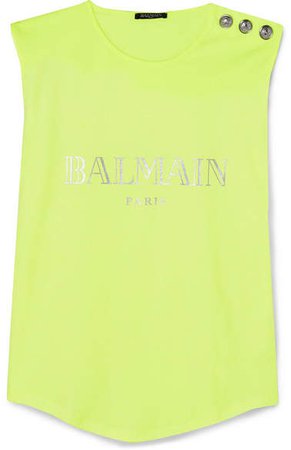 Button-embellished Printed Cotton-jersey Tank - Green