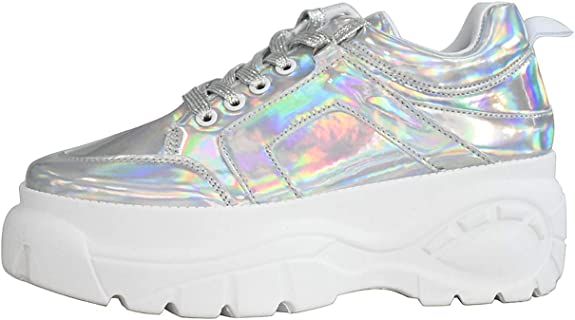 Amazon.com | LUCKY STEP Women Chunky Platform Dad Colorblock White Neon Green Fuchsia Hologram Silver Casual Lace-Up Walking Sneakers (10 B(M) US, Hologram Silver) | Walking