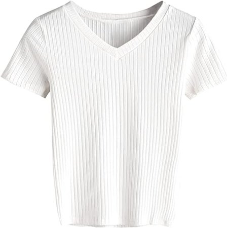 SweatyRocks Women's Basic Short Sleeve V Neck Ribbed Knit Crop Top Tee Shirt at Amazon Women’s Clothing store