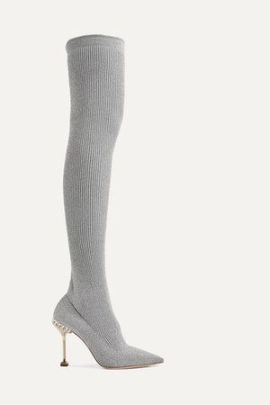 Miu Miu | Crystal-embellished metallic ribbed-knit over-the-knee sock boots | NET-A-PORTER.COM