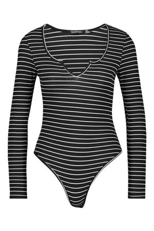 Petite Stripe Rib Notched Neck Bodysuit | boohoo