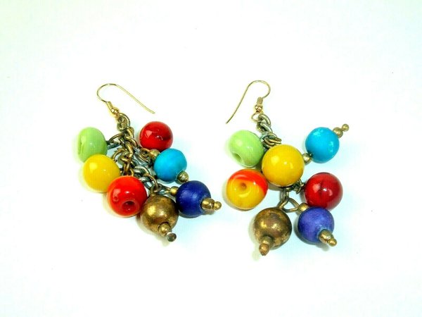 Glass Bead 70s Mod Statement colorful Earrings Hippie Boho Chic Vtg Danglers | eBay