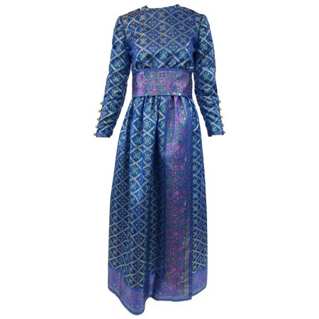 1960s Oscar de la Renta Blue Metallic Floral Brocade Evening Dress For Sale at 1stDibs