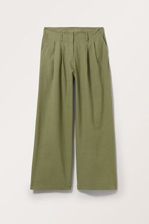 Relaxed Linen Blend Trousers - Dusty Khaki Green - Monki WW