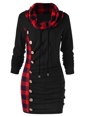 Red + Black Plaid Hoodie Dress