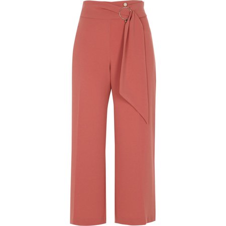 Dark pink sash belt cropped wide leg culottes - Wide Leg Pants - Pants - women