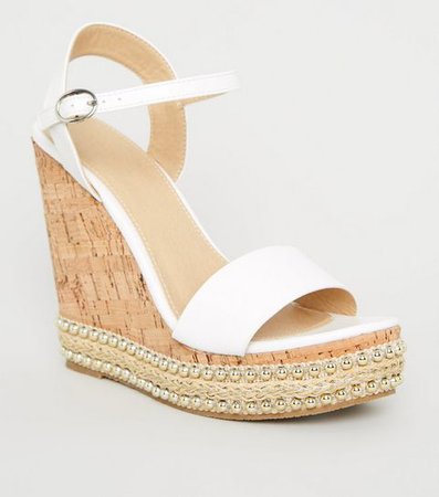 White Leather-Look Stud Trim Cork Wedges | New Look