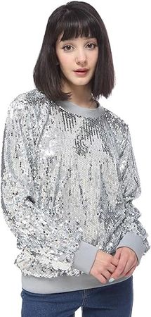 Anna-Kaci Women Juniors Sparkly Long Sleeve Sequin Pullover Sweatshirt Top at Amazon Women’s Clothing store