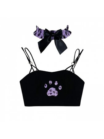 Black and Purple Hot Girl Sweet Meow Claw Cami Top & Choker by Diamond Honey