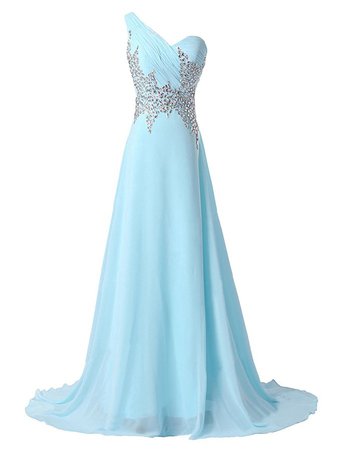 Exquisite One-shoulder Light Blue Sweep Train Prom Dress with Beading - Dressystar.com