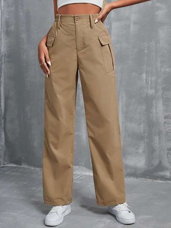 cargo SHEIN EZwear Khaki High Waist Flap Pocket Cargo Pants, SHEIN