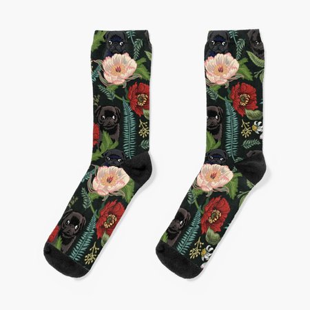"Botanical and Black Pugs" Socks by Huebucket | Redbubble