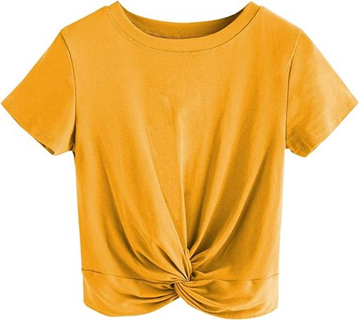 MakeMeChic Women's Summer Crop Top Solid Short Sleeve Twist Front Tee T-Shirt Yellow M at Amazon Women’s Clothing store