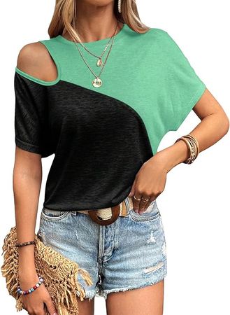 Floerns Women's Colorblock Tee Top Cut Out Dolman Sleeve Crew Neck T Shirts Black and Green S at Amazon Women’s Clothing store