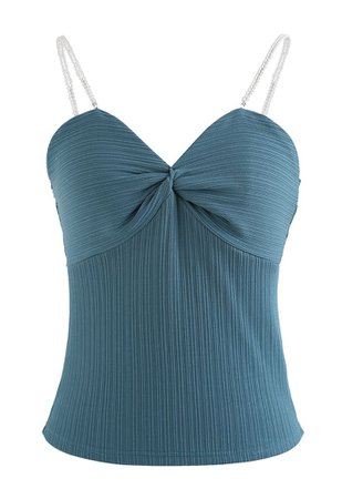 Twisted Front Pearly Straps Crop Tank Top in Blue - Retro, Indie and Unique Fashion