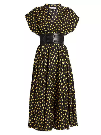 Shop Alaïa Belted Polka-Dot Midi-Dress | Saks Fifth Avenue