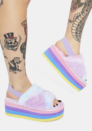 Rainbow Fuzzy Faux Fur Platform Sandals - Pastel | Dolls Kill