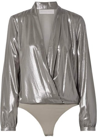 Michelle Mason - Draped Lamé Thong Bodysuit - Silver