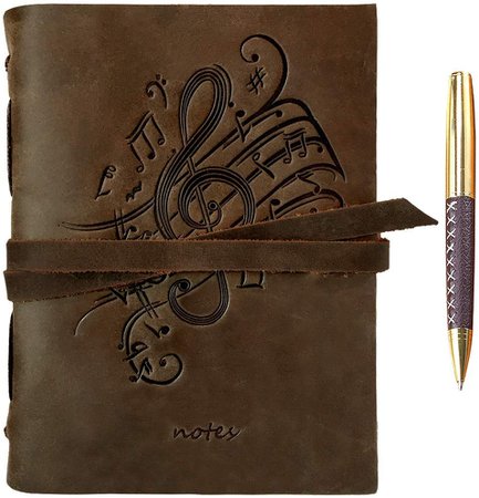 Amazon.com : Leather Journal Music Notes Notebook Embossed Handmade Travel Diary | A5 Vintage Writing Bound Journal for Men for Women 6x8" | Musical Theme Genuine Leather + Pen, Plain Paper for Notes Sketchbook : Office Products
